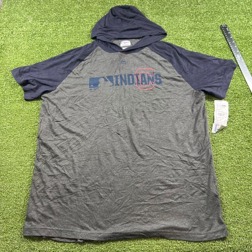Majestic Cleveland Indians Hooded T-Shirt Mens 2XL Charcoal Navy MLB NWT